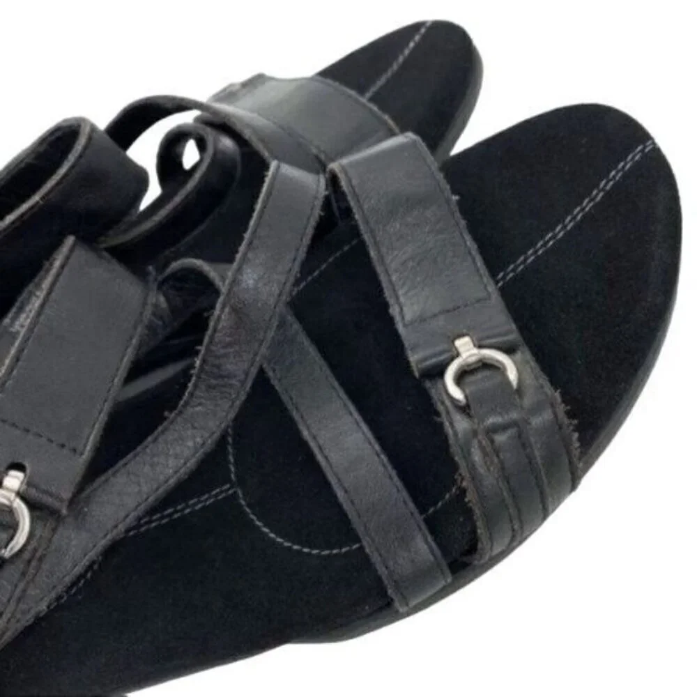 Mephisto Black Leather Wedge Heel Sandals